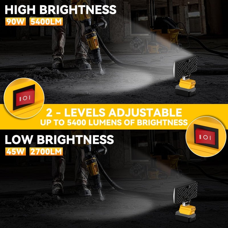 DEMIMA 8" Cordless LED Work Light for Dewalt 20V Battery, Two Levels Adjustable Flood Light up to 90W 5400 Lumens with USB Charging Port, Portable LED Flashlight for Work, Camping, Outdoor(No Battery) - Image 3